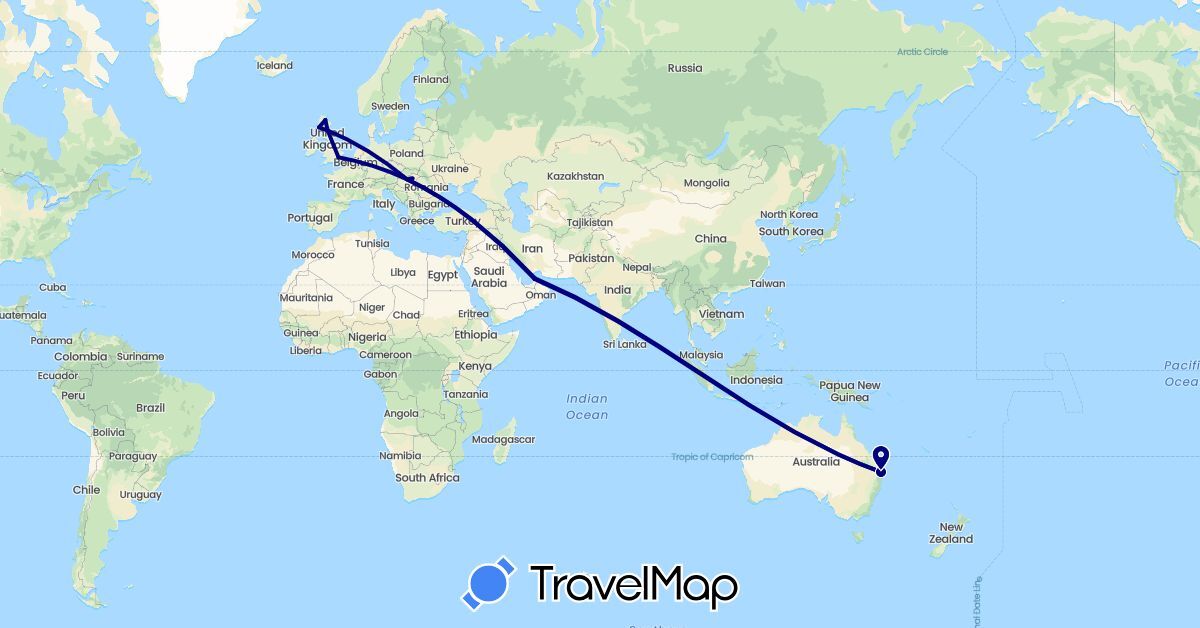 TravelMap itinerary: driving in United Arab Emirates, Australia, United Kingdom, Hungary (Asia, Europe, Oceania)